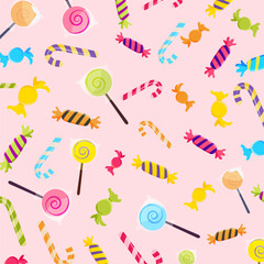 Kawaii Cute Candy. Seamless pattern with different types on a light background. Vector illustration.