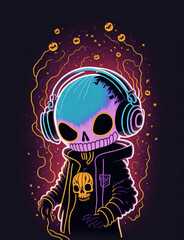 skeleton listening to music on dark background laser graphics for halloween