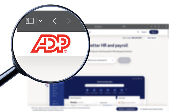 Kyiv, Ukraine - September 4, 2023: Automatic data processing services website homepage. It is an American provider of human resources management software and services . Adp logo visible.