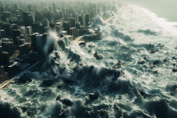 A devastating tsunami threatening a coast. - obrazy, fototapety, plakaty