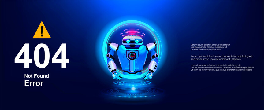 Page Error 404. Not Found. Server denied availability of data on request. Cartoon screen with robot. Repair service with server error. Page not found