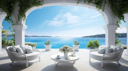 Obraz na płótnie Canvas A summertime terrace view overlooking the Mediterranean's azure sea.