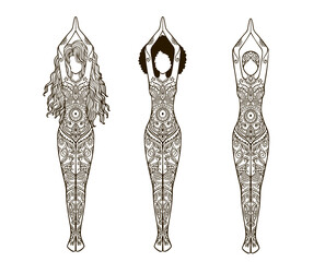 Yoga Girl with Mandala Set. Ornamental feminine Lotus meditation. Vector illustration on ethnic style. International yoga day card. Pose woman