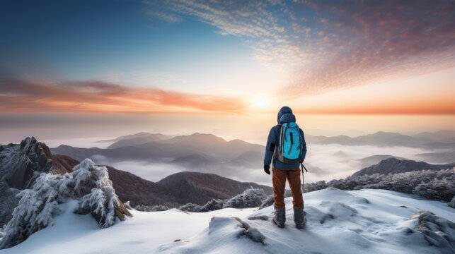 A man who enjoys hiking stands at the summit of a mountain, delighting in the breathtaking winter scenery that surrounds him.