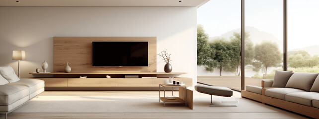 A modern living room interior featuring a TV with a minimalist design.