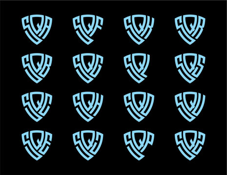 SQA, SQB, SQC, SQE, SQF, SQG, SQH, SQJ, SQK, SQL, SQO, SQP, SQR, SQS, SQU, SQZ creative letter shield logo design vector icon illustration