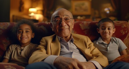 Happy grandfather with his grandchildren sitting in couch at home - obrazy, fototapety, plakaty