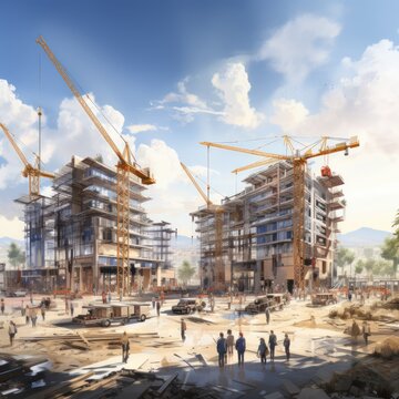 Construction building process with crane elements, unfinished building texture, good for business concepts, pollution, environmental pollution, architecture, cement products etc. Generative Ai Images