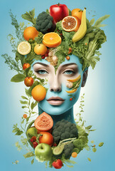 Visage humain avec fruits et légumes, bienfaits des fruits et légumes sur la santé, métabolisme, nutrition, alimentation, forme physique, santé, vitamines, médecine- IA générative