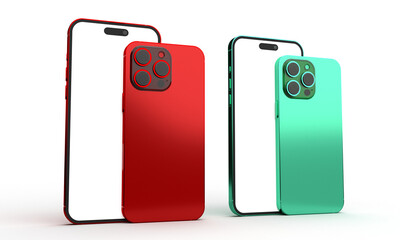 mobile smartphone phone cellphone red crimson green mint color front back side view camera display device mock up white isolated background empty blank wireless technology digital online network using
