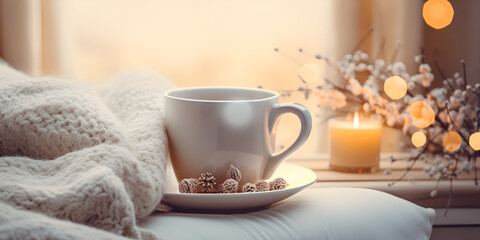 Obraz na płótnie Canvas Coffee cup over Christmas lights Winter Morning Images Cozy Winter Vibes Cup Decor and Bokeh with blurly room background Ai Generative