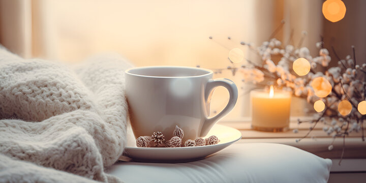 Coffee cup over Christmas lights  Winter Morning Images Cozy Winter Vibes Cup Decor and Bokeh with blurly room background  Ai Generative