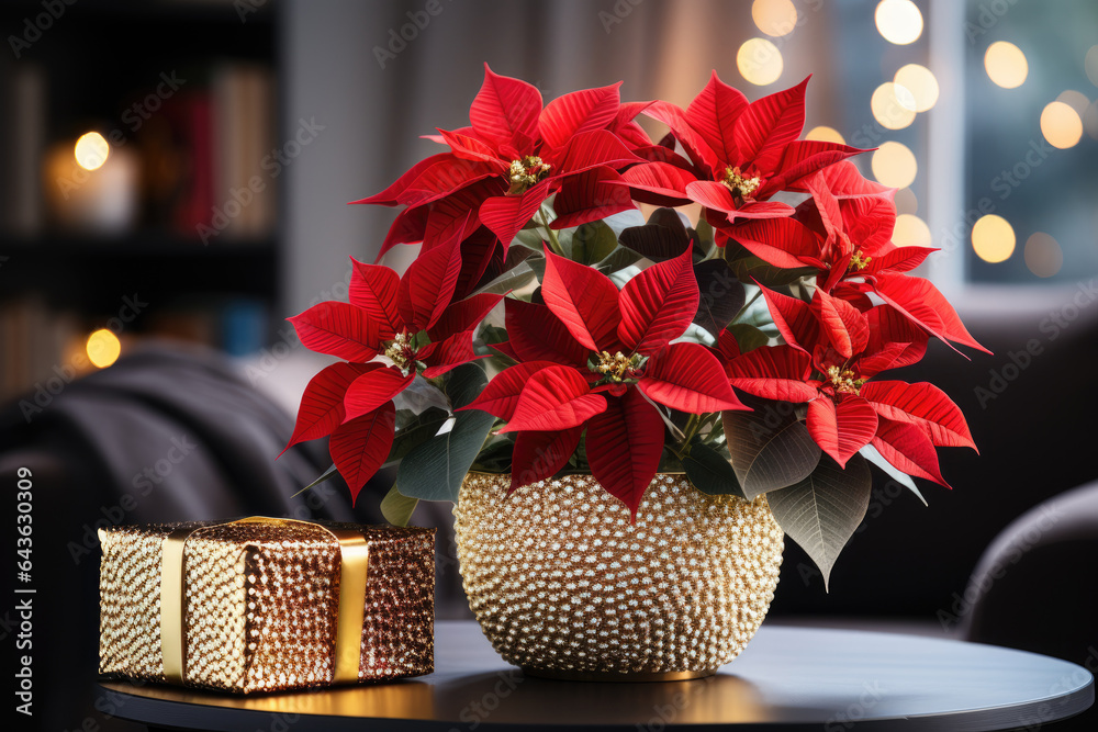 Canvas Prints Red Christmas star poinsettia flowers in gold vase on the table in living room in holiday lights background