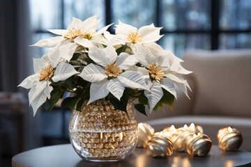 White christmas poinsettia flowers star in vase on the table in living room in holiday lights...