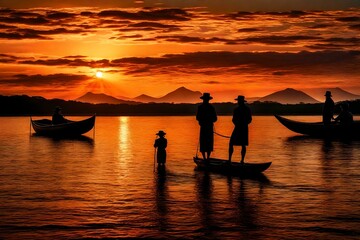 Silhouette figures stand tall against the magnificent backdrop of a sunset shadow on water