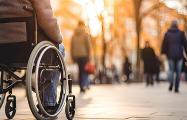 person in a wheelchair in a downtown area, backlight scene