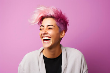 Fototapeta na wymiar Laughing Genderqueer Person on Pink Backdrop