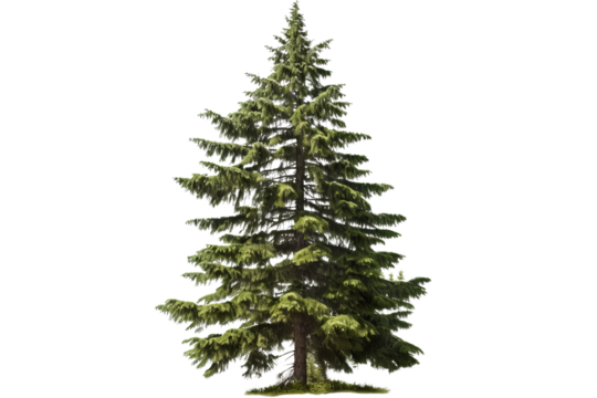 Fir tree with green leaves and brown trunk isolated on transparent background - Christmas tree isolated on transparent background