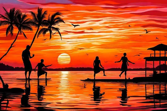 Silhouette figures stand tall against the magnificent backdrop of a sunset shadow on water