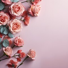 collection of pink roses background copy space, ai generative