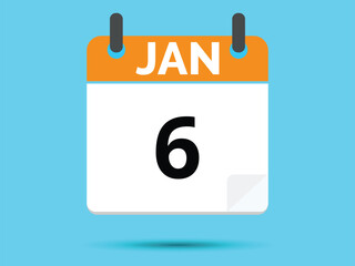 6 January. Flat icon calendar isolated on blue background. Vector illustration