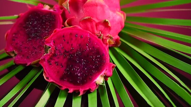 Red Dragon Fruit, Pitahaya, Pitaya exotic asian vegan juicy fruits with palm leaf, close up. Rotating over red background. Slow motion