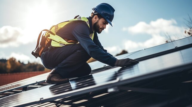 Technician installing solar panels on a roof, setting up a photovoltaic system, sustainable energy concept, maintenance work. Generative AI