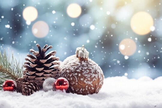 christmas decorations in the snow with pine cones and baubles