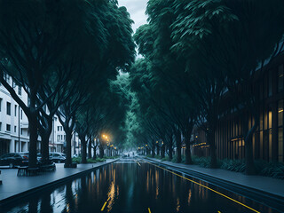 Eco-friendly cityscape with trees along streets and sidewalks, which help absorb rainwater. AI Generated - obrazy, fototapety, plakaty