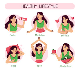 Infographics on how to lead a healthy lifestyle. Information banner. Vector illustration with a flat girl