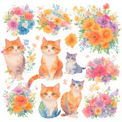 Orange cats and summer flowers on white