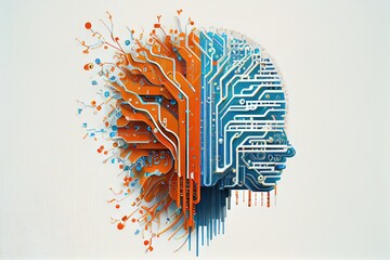 Realistic Artificial intelligence. Computer mind connections head. Human head with circuit board inside. Engineering concept. Technology web background. Virtual concept