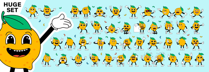 Huge set of retro cartoon stickers with funny comic Lemon characters, gloved hands. Contemporary illustration with cute comic characters. Comic lemon characters with arms and legs. Cartoon style set