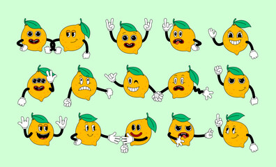 Set of retro cartoon stickers with funny comic Lemon characters, gloved hands. Contemporary illustration with cute comic characters. Comic lemon characters with hands. Cartoon style set