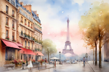 Fototapeta na wymiar Eiffel Tower Beauty in Watercolor