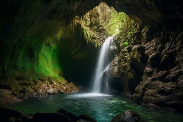 Fototapeta na wymiar Cave waterfall tropical. Generate Ai