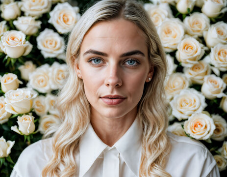 photo of beautiful woman in blonde hair color with white rose background, generative AI