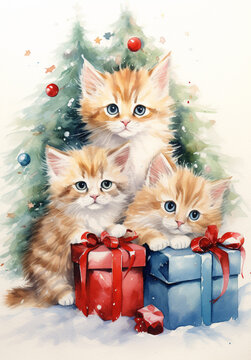 Vintage Christmas card with cute cats, Vintage Christmas scene with kittens, christmas cats illustrations, christmas kittens, cats clip art