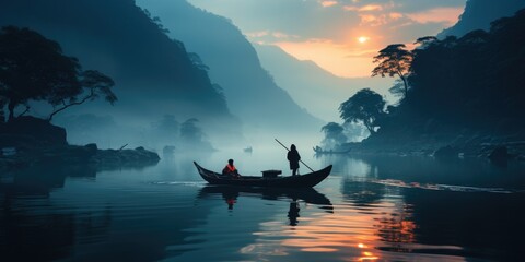 Dawn Over the Mountains: Serene Landscape with an Asian Fishing Boat