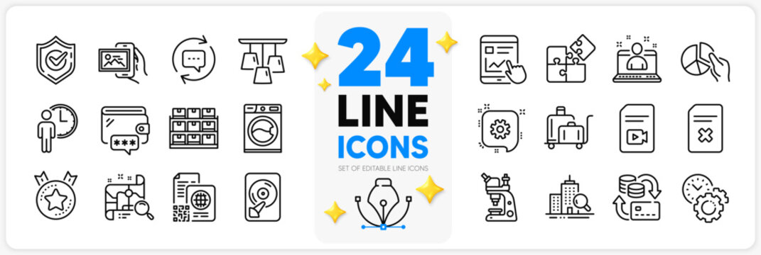 Icons set of Internet report, Ceiling lamp and Update comments line icons pack for app with Storage, Ranking star, Puzzle thin outline icon. Best manager, Money change, Microscope pictogram. Vector