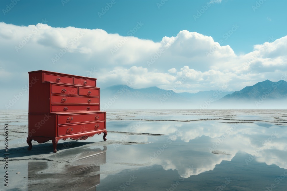 Sticker A red dresser sitting on top of a sandy beach. Generative AI image.