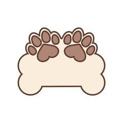 Big dog bone with space for text and small dog paw prints. Vector design template. Isolated on blank white background.
