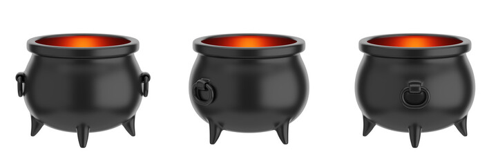 set of witch cauldrons with transparent background, PNG, witch pot, treasure pot, red light
