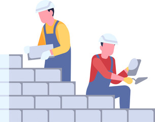 Construction process. Workers build brickwork by laying bricks. House building. Bricklaying wall. Men with trowel or spatula. Professional builders brigade occupation. Vector concept