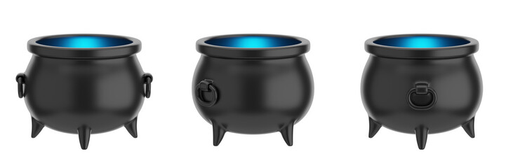 set of witch cauldrons with transparent background, PNG, witch pot, treasure pot, blue light
