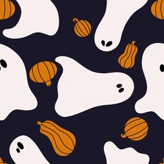 Seamless pattern of cute cartoon ghosts and pumpkins on dark blue background. For wallpapers, wrapping paper, textile, fabric, polygraphy, clothing prints, any Halloween-related supplies and decor