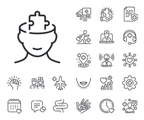 Psychology therapy sign. Online doctor, patient and medicine outline icons. Mental conundrum line icon. Brain puzzle symbol. Mental conundrum line sign. Vector