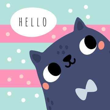 Cute cats card. Cartoon kitten character. Domestic animals head. Hello banner. Funny pet greeting. Furry kitty. Feline mammal. Adorable pussycat. Vector veterinary welcome poster design