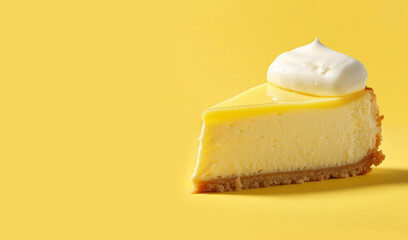 Sweet delicious yellow lemon cheesecake on a yellow background - obrazy, fototapety, plakaty