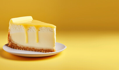 Sweet delicious yellow lemon cheesecake on a yellow background